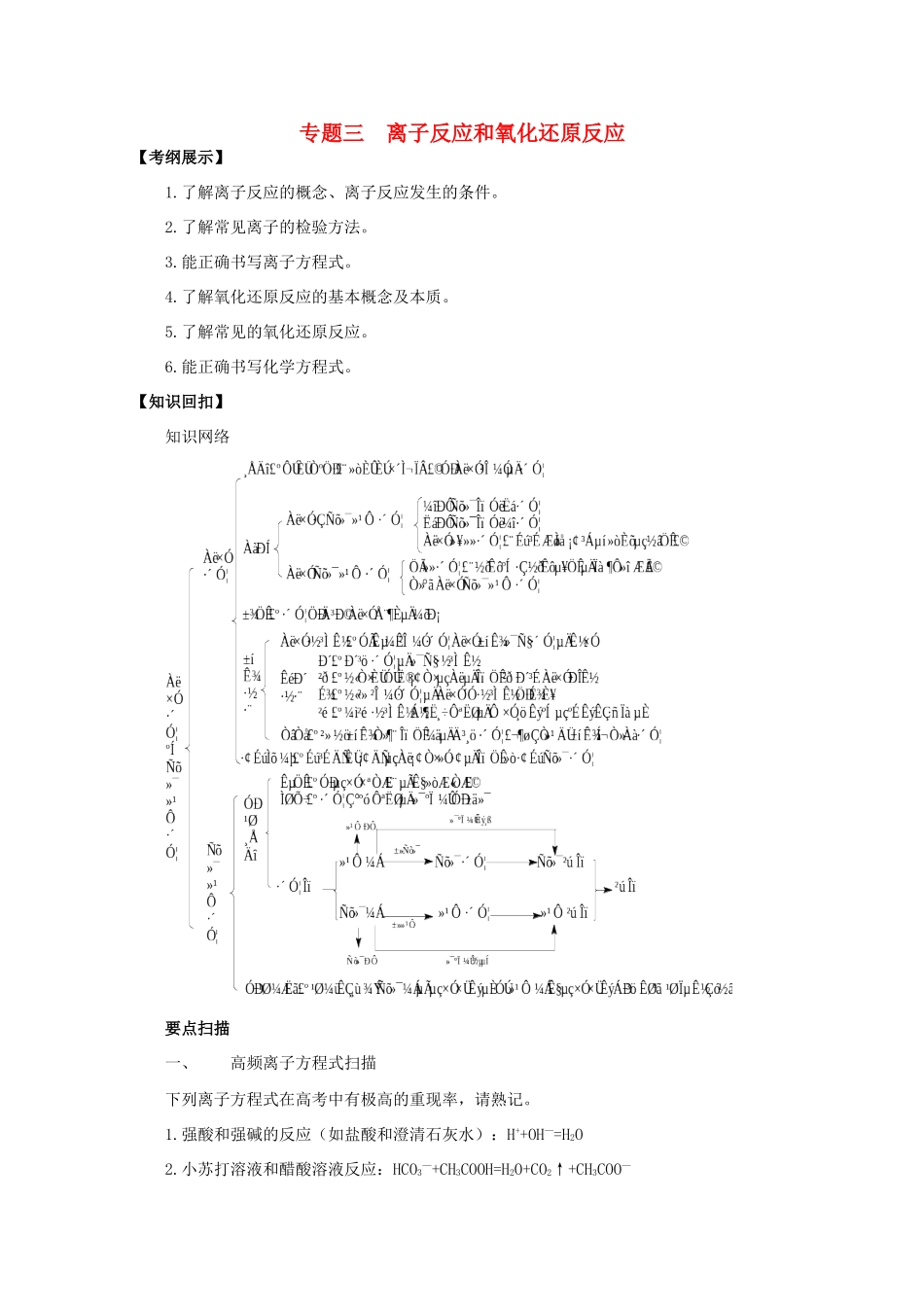 2013年高三化学二轮 专题三 离子反应和氧化还原反应复习学案（含解析）_第1页
