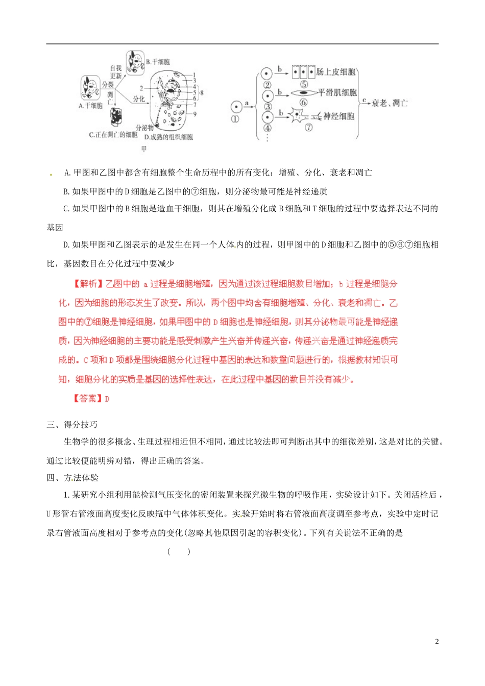 2013届高考生物复习夺标学案 选择题题型解法指导 1.2 对比分析法 新人教版_第2页