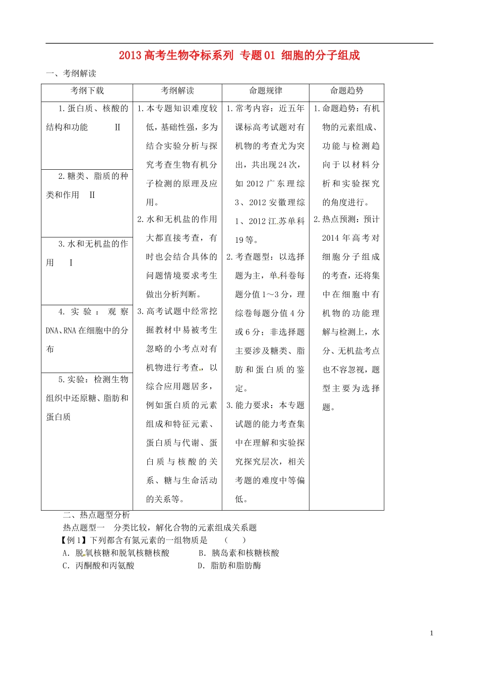 2013届高考生物复习夺标学案 专题01 细胞的分子组成 新人教版_第1页
