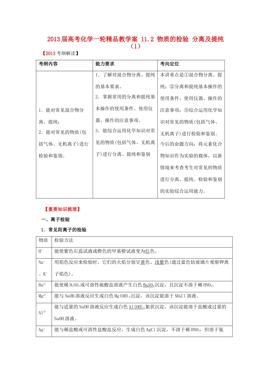 2013届高考化学一轮精品教学案 11.2 物质的检验 分离及提纯（1）_第1页