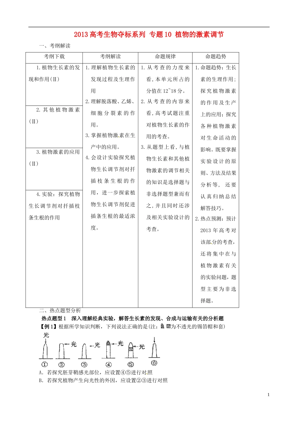 2013届高考生物复习夺标学案 专题10 植物的激素调节 新人教版_第1页