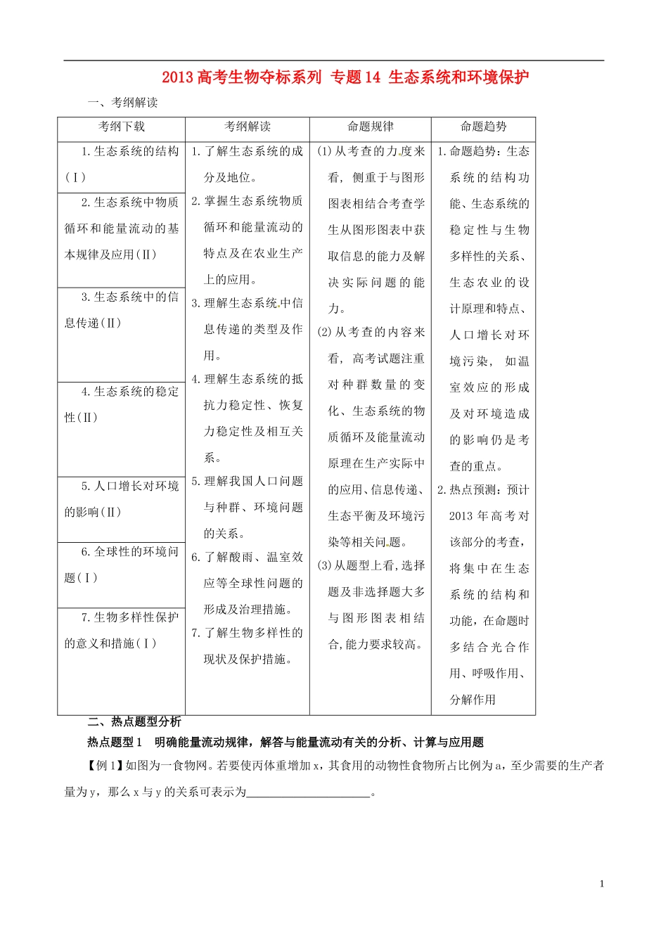 2013届高考生物复习夺标学案 专题14 生态系统和环境保护 新人教版_第1页