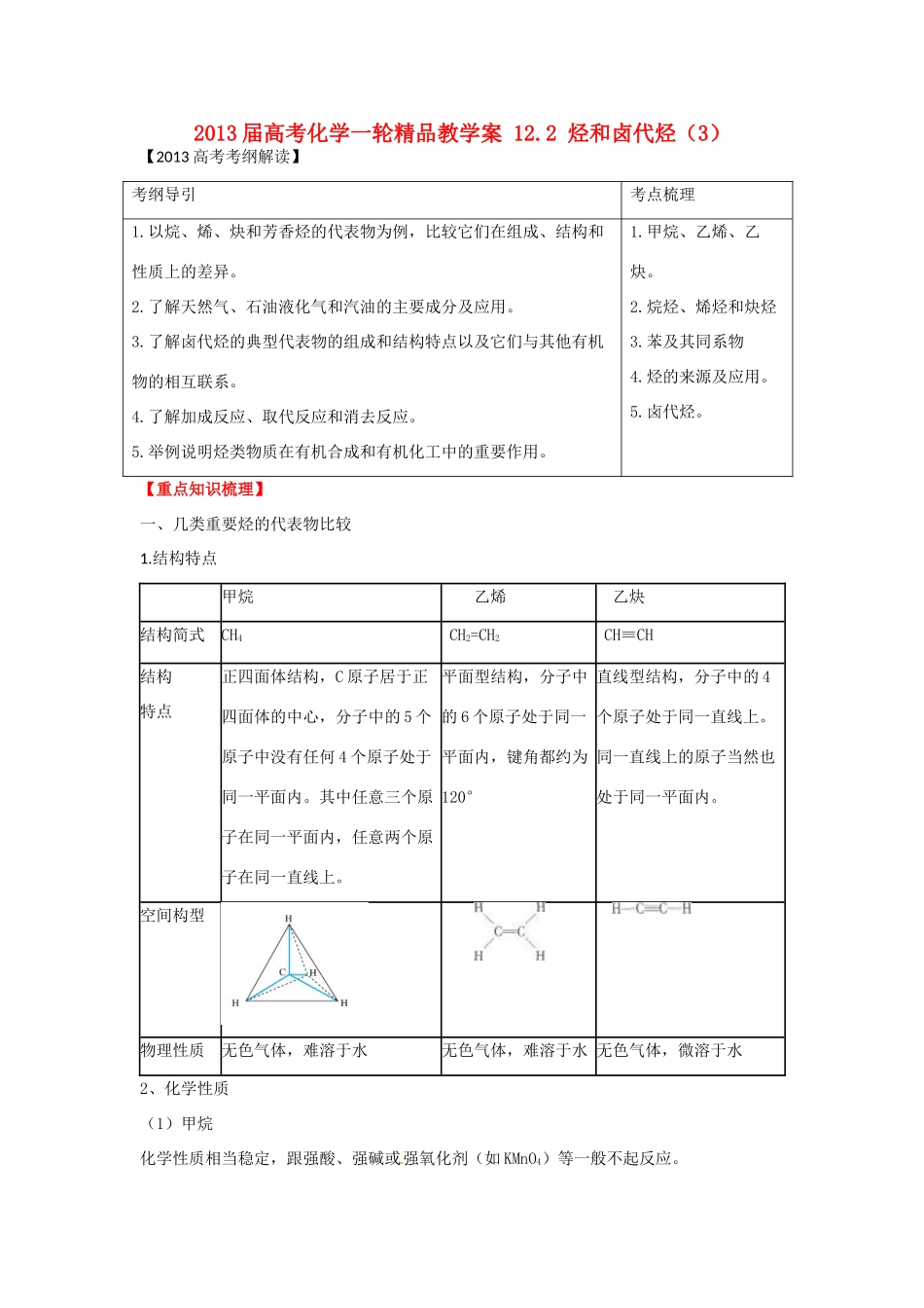 2013届高考化学一轮精品教学案 12.2 烃和卤代烃（3）_第1页