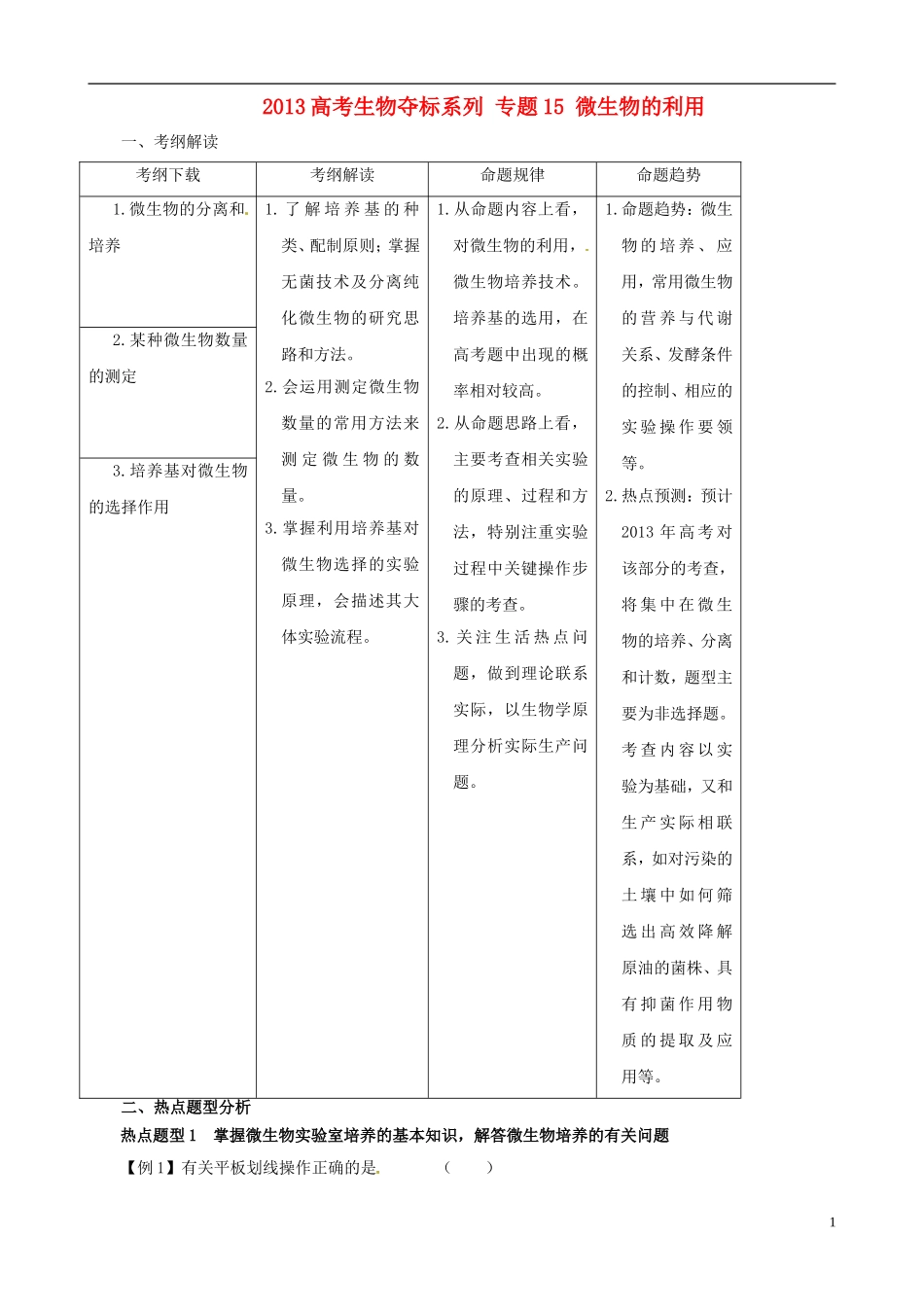 2013届高考生物复习夺标学案 专题15 微生物的利用 新人教版_第1页