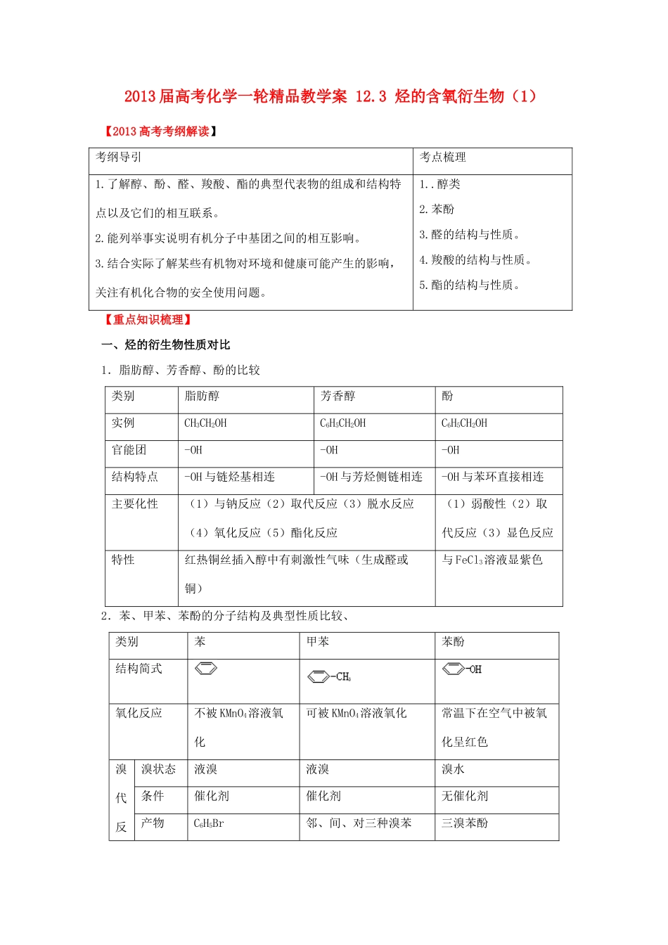 2013届高考化学一轮精品教学案 12.3 烃的含氧衍生物（1）_第1页