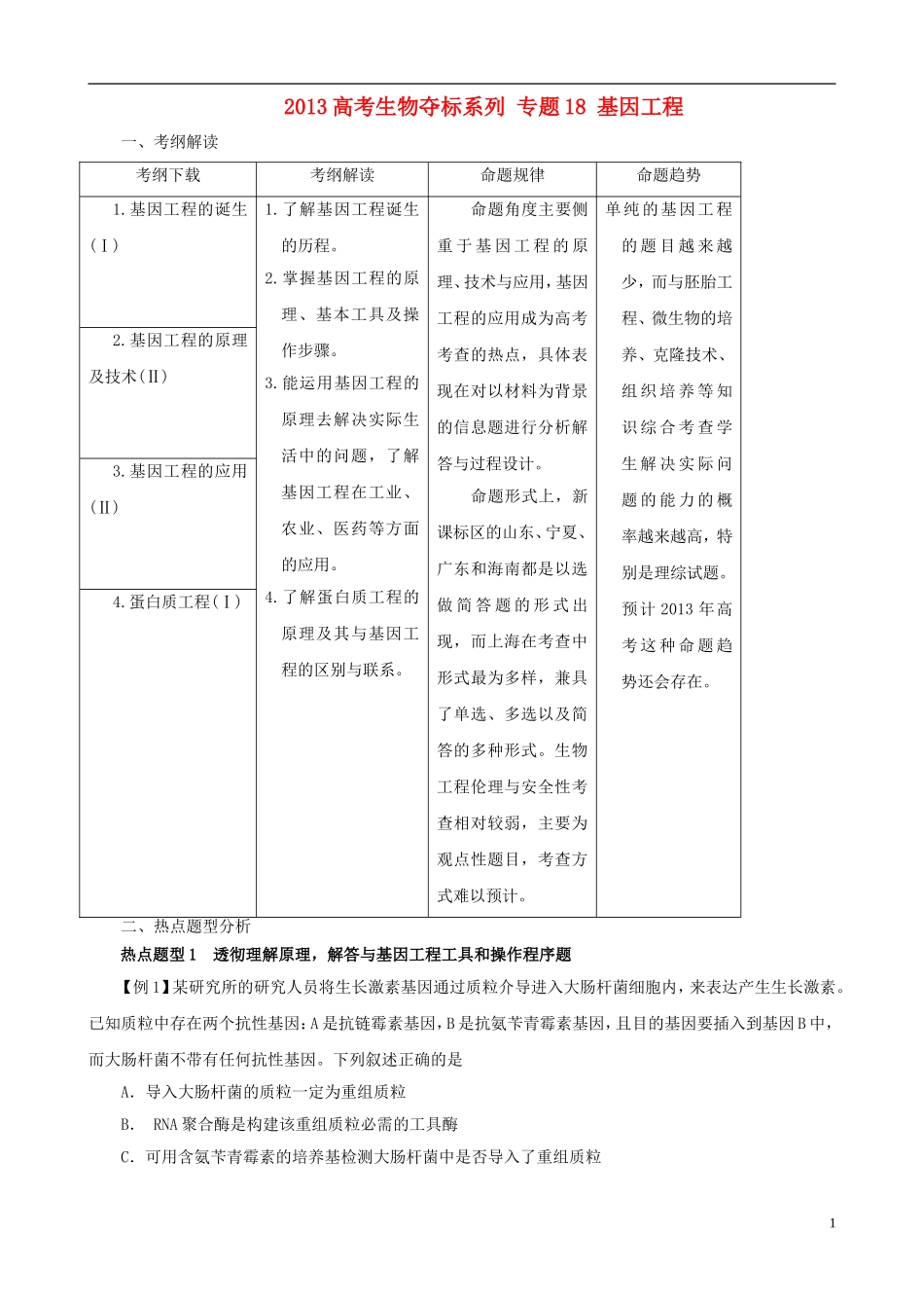 2013届高考生物复习夺标学案 专题18 基因工程 新人教版_第1页