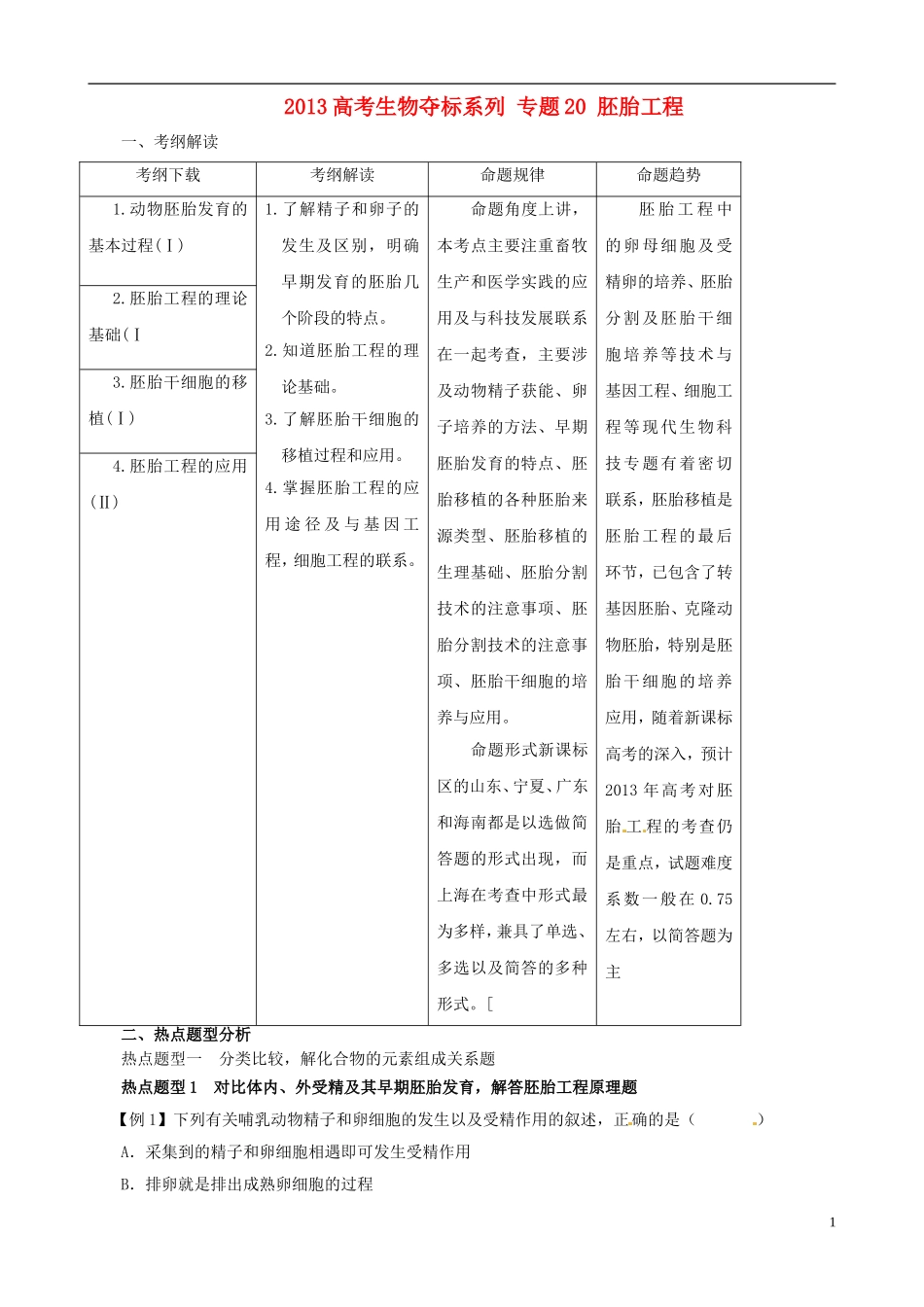 2013届高考生物复习夺标学案 专题20 胚胎工程 新人教版_第1页