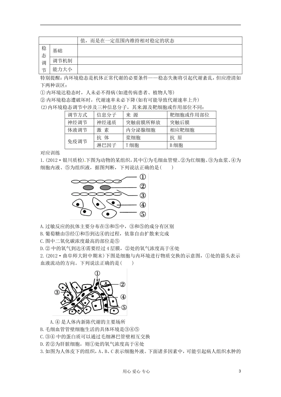 2013届高考生物起点一轮复习 第八单元 人体的内环境与稳态学案_第3页