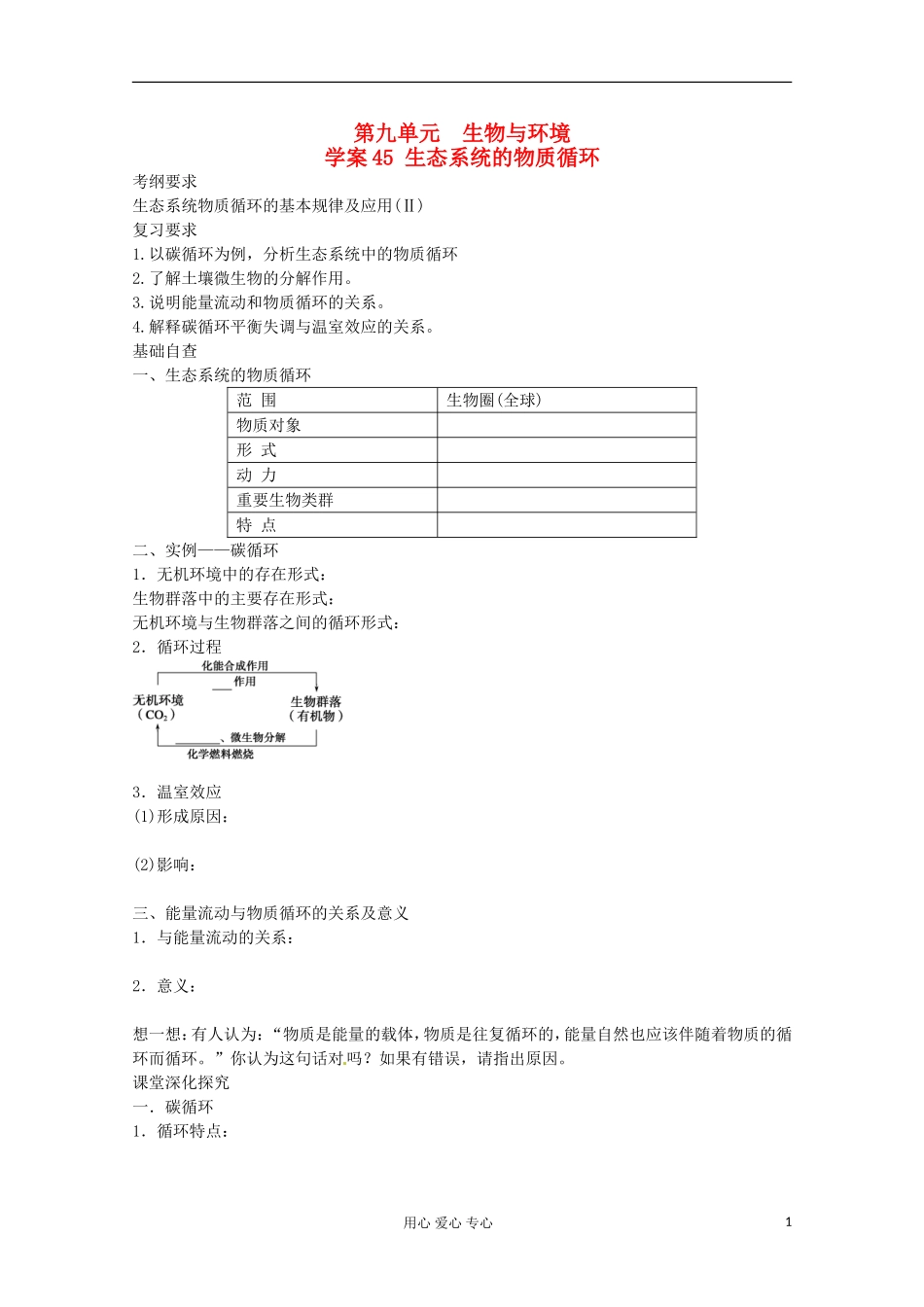2013届高考生物起点一轮复习 第九单元 生态系统的物质循环学案_第1页