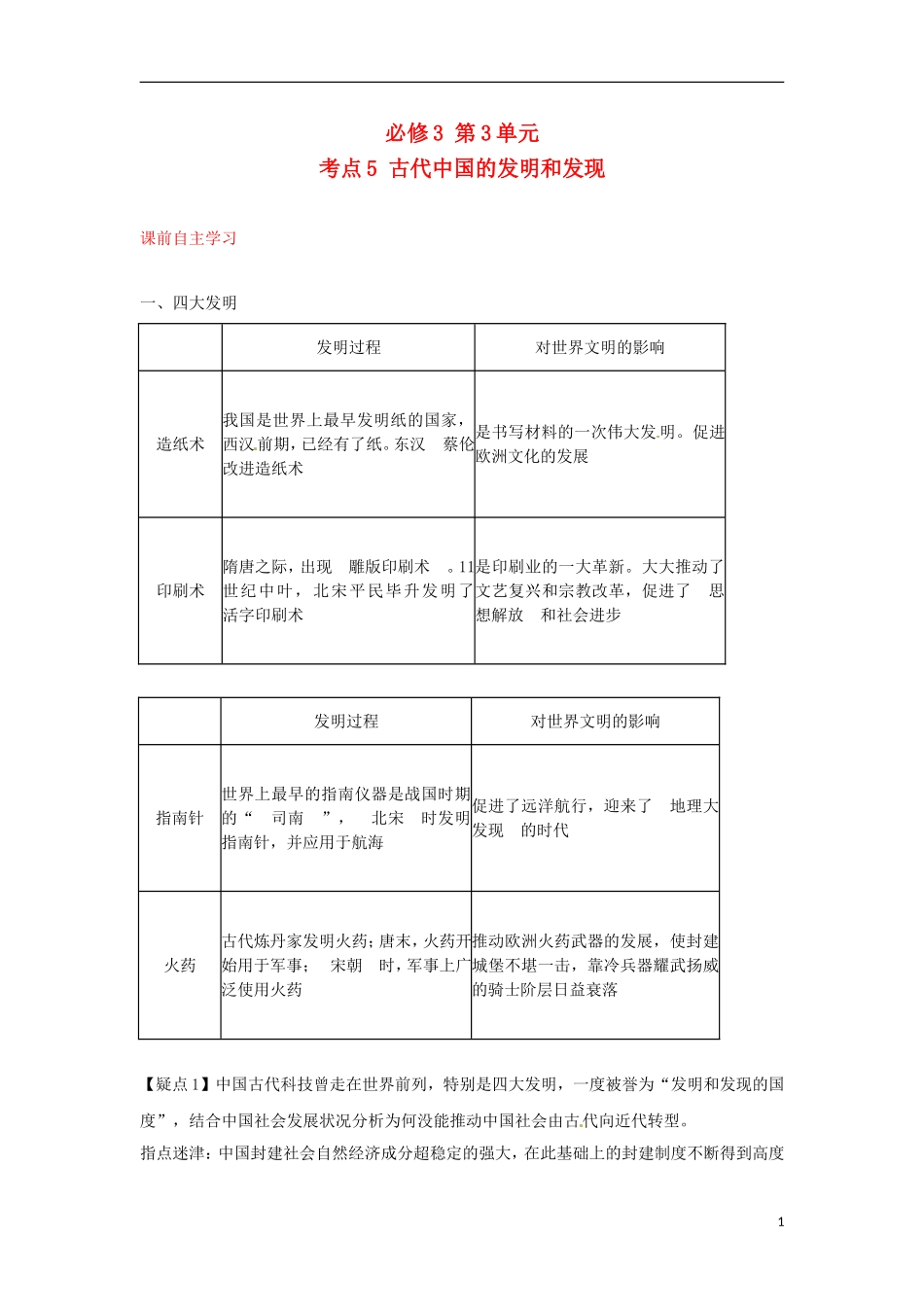 2013届高考历史第一轮 考点5 古代中国的发明和发现单元考点复习教案8 新人教版必修3_第1页