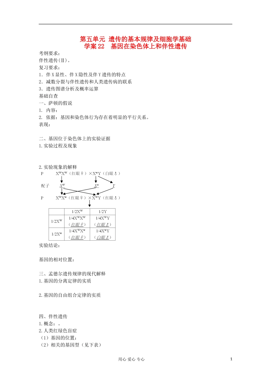 2013届高考生物起点一轮复习 第五单元 基因在染色体上和伴性遗传学案_第1页