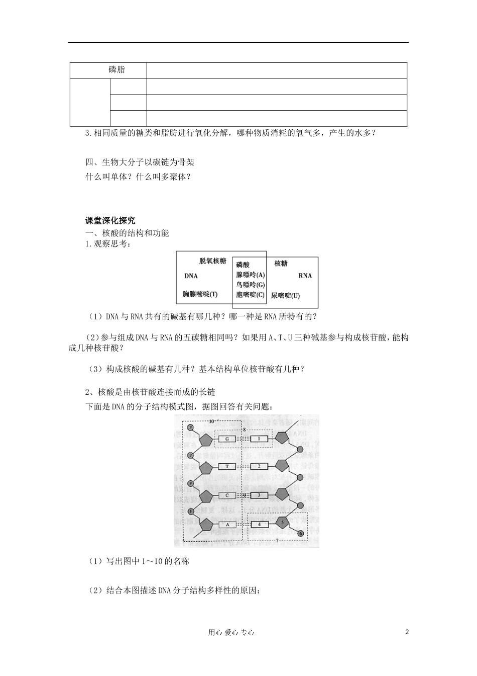 2013届高考生物起点一轮复习 第一单元 核酸、细胞中的糖类和脂质学案_第2页