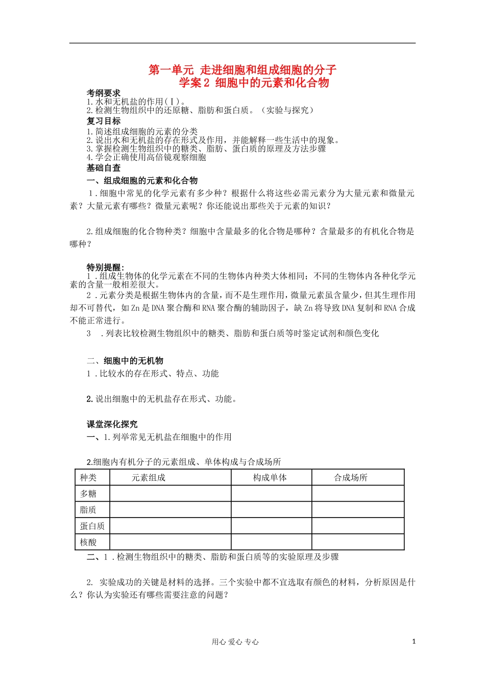 2013届高考生物起点一轮复习 第一单元 细胞中的元素和化合物学案_第1页