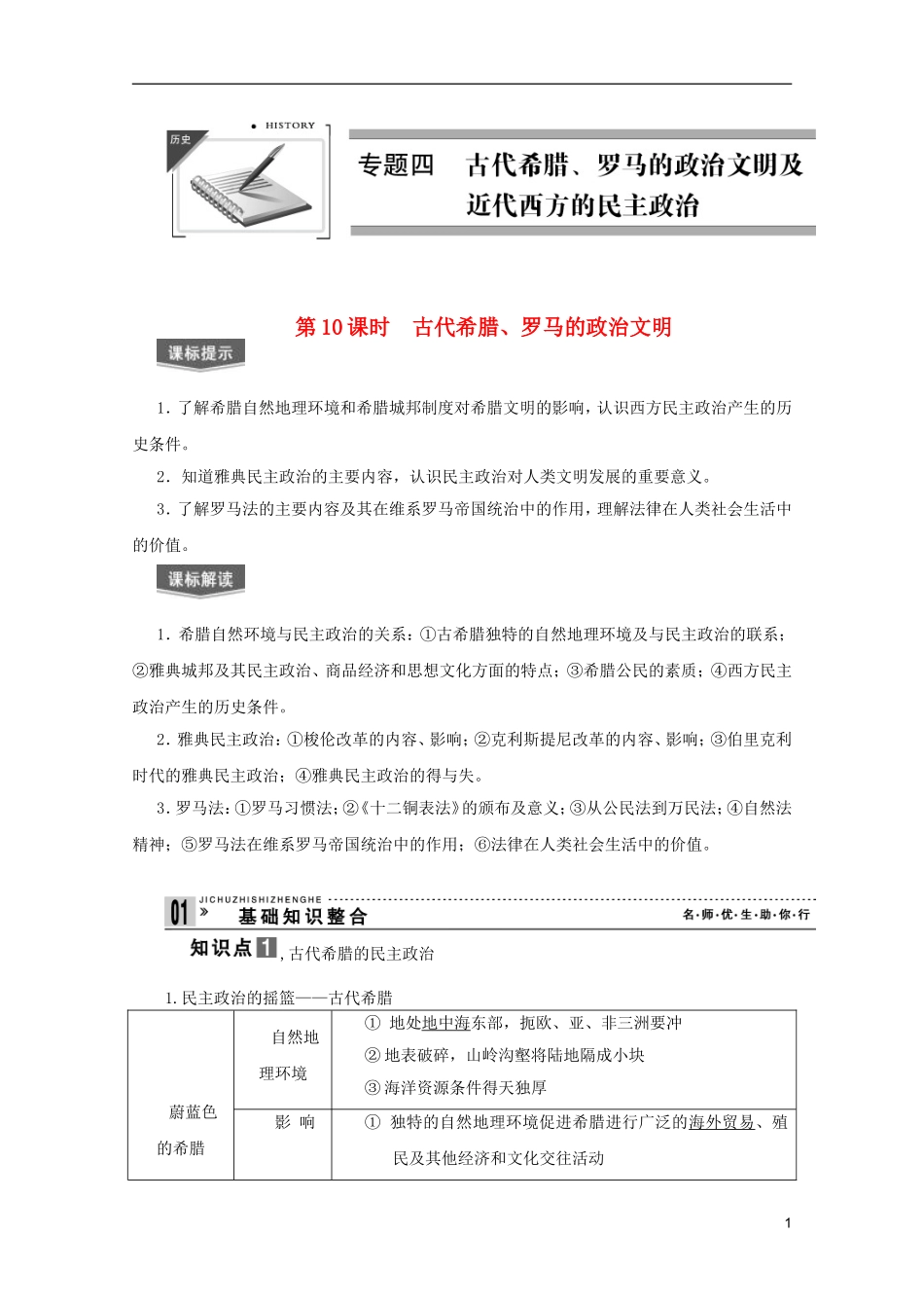 2013届高考历史一轮复习 第10课时古代希腊、罗马的政治文明精品讲义 新人教版必修1_第1页