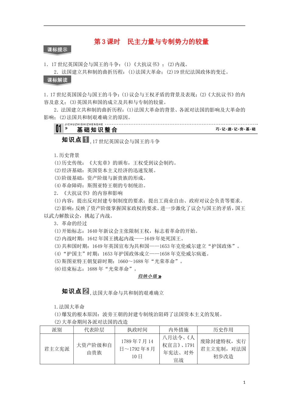 2013届高考历史一轮复习 教师用书 第3课时 民主力量与专制势力的较量 新人教版选修2_第1页