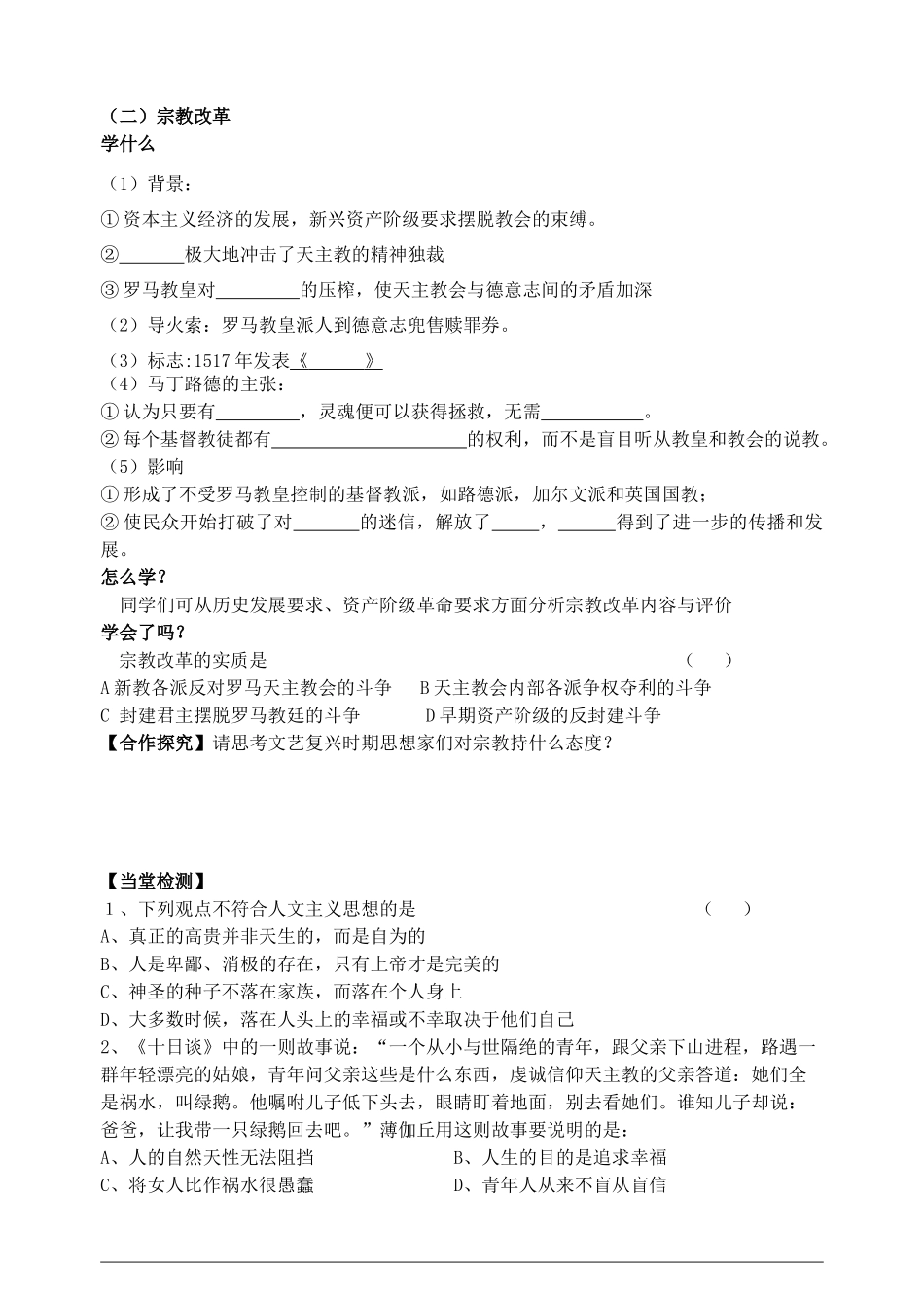 2013年高中历史 第6课 文艺复兴和宗教改革导学案 新人教版必修3_第2页