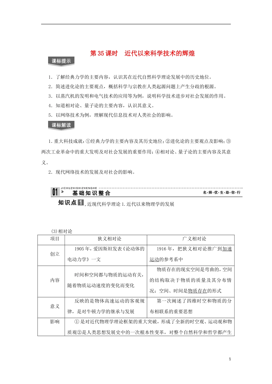 2013届高考历史一轮复习 教师用书 第35课时 近代以来科学技术的辉煌 新人教版必修3_第1页