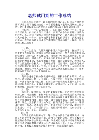 教师试用期的工作总结