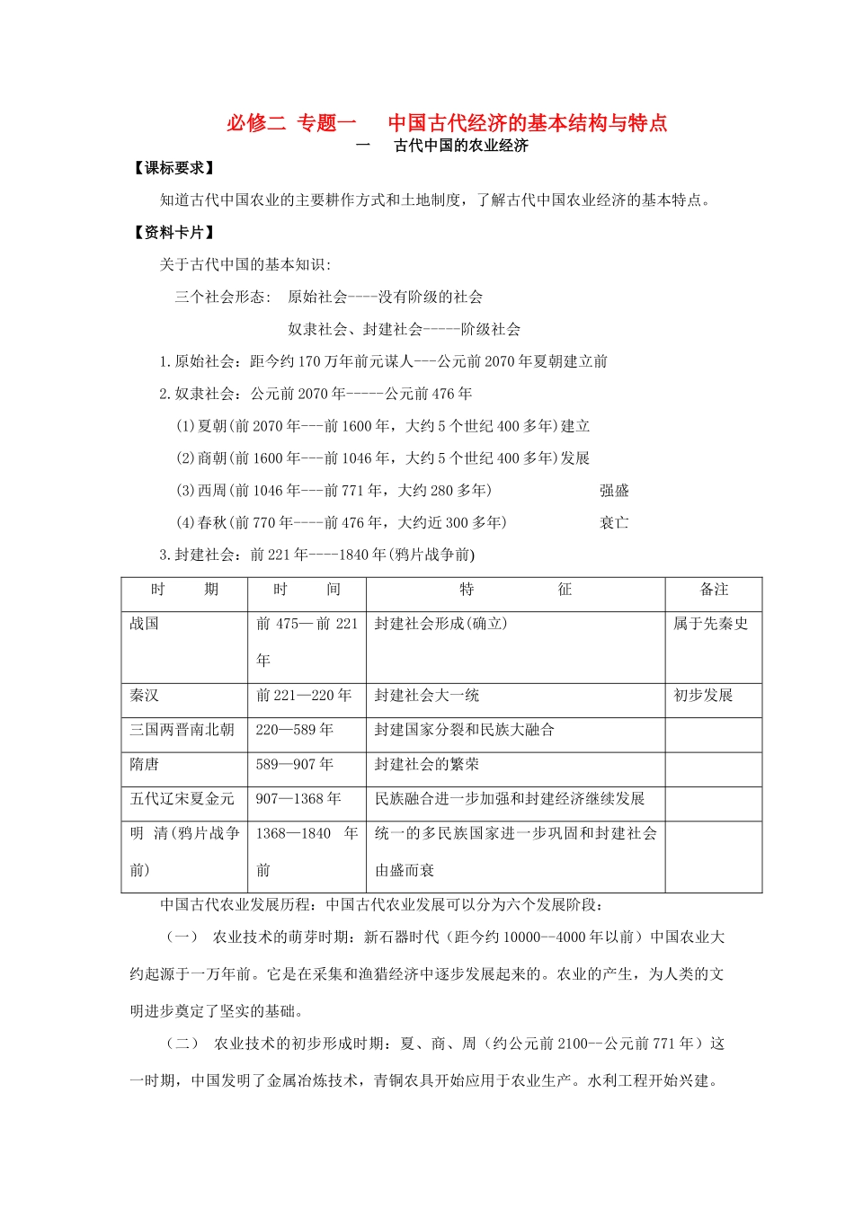 2013届高考历史一轮复习 专题1 中国古代经济的基本结构与特点学案 人民版必修2_第1页
