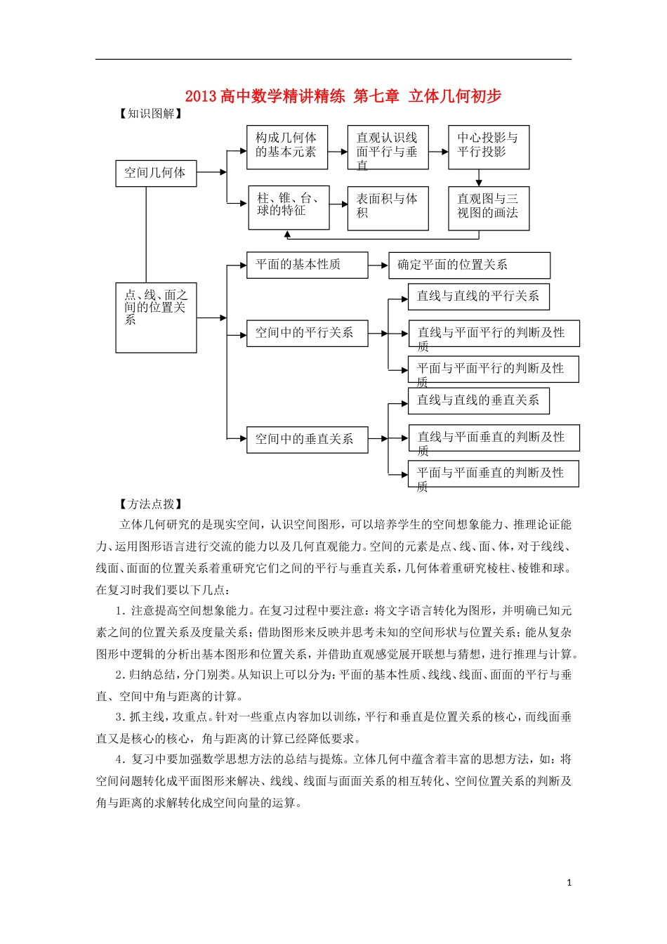 2013届高考数学第一轮精讲精练7 第七章 立体几何初步复习教案 新人教版_第1页