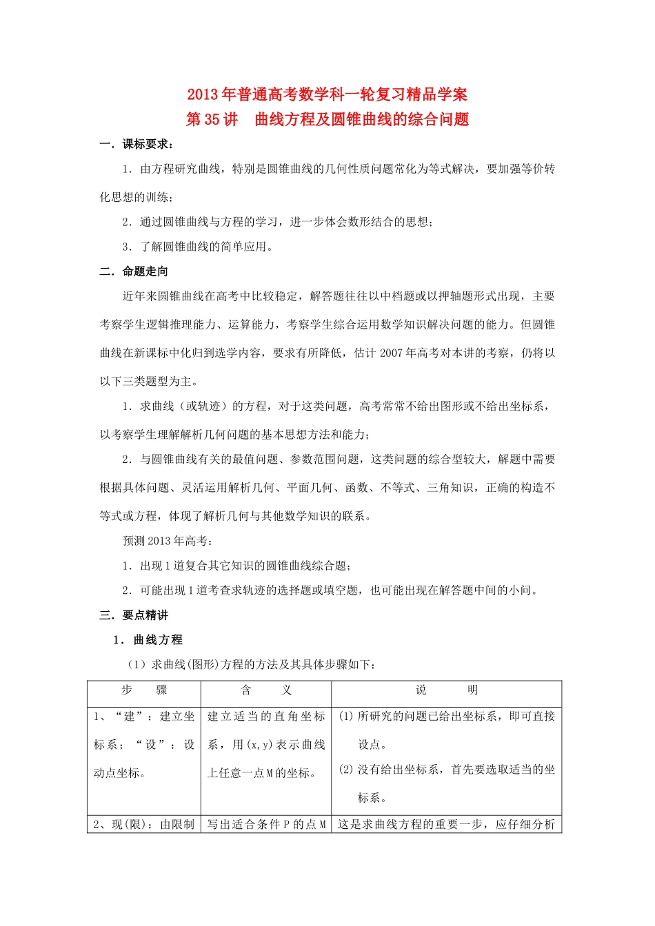 2013届高考数学一轮复习 第35讲 曲线方程及圆锥曲线的综合问题精品学案_第1页
