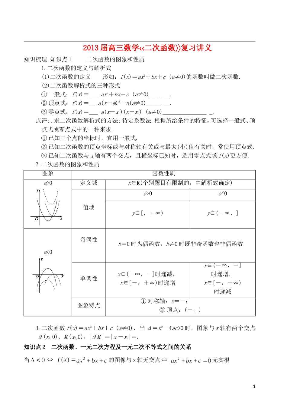 2013届高考数学总复习《二次函数》复习讲义（教师版）新人教A版必修1_第1页