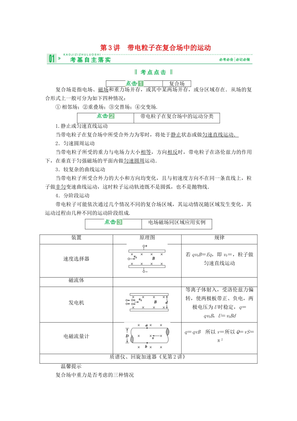 2013届高考物理 第3讲 带电粒子在复合场中的运动考点知识总复习教案35_第1页