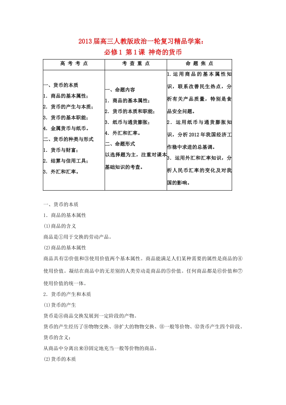2013届高考政治一轮复习 第1课 神奇的货币精品学案 新人教版必修1_第1页