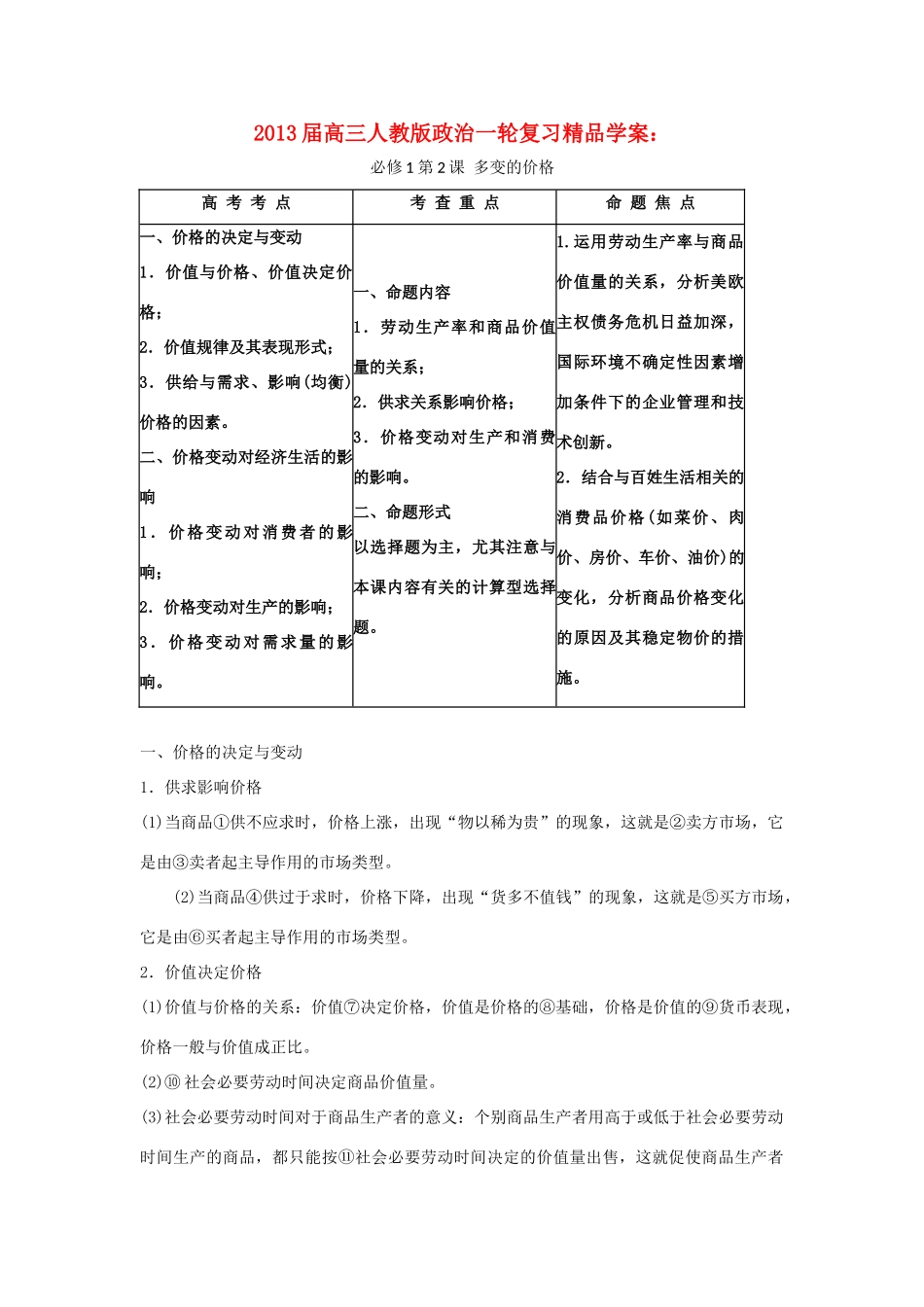 2013届高考政治一轮复习 第2课 多变的价格精品学案 新人教版必修1_第1页