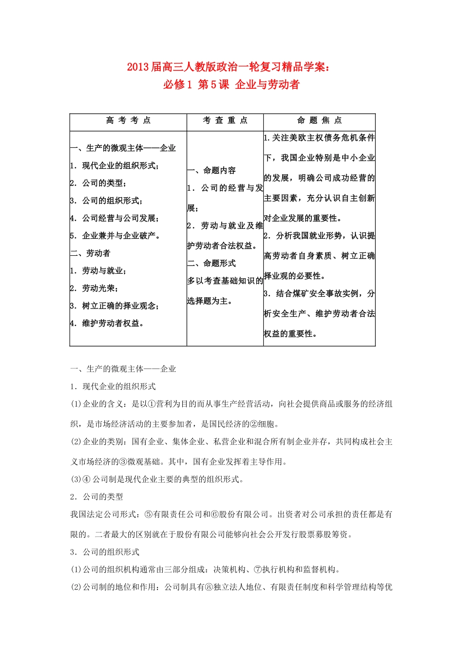 2013届高考政治一轮复习 第5课 企业与劳动者精品学案 新人教版必修1_第1页