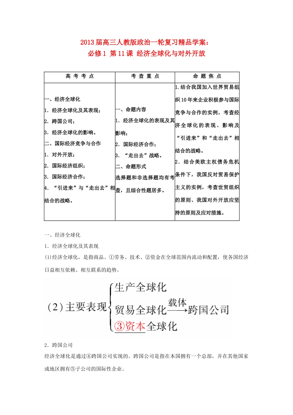 2013届高考政治一轮复习 第11课 经济全球化与对外开放精品学案 新人教版必修1_第1页