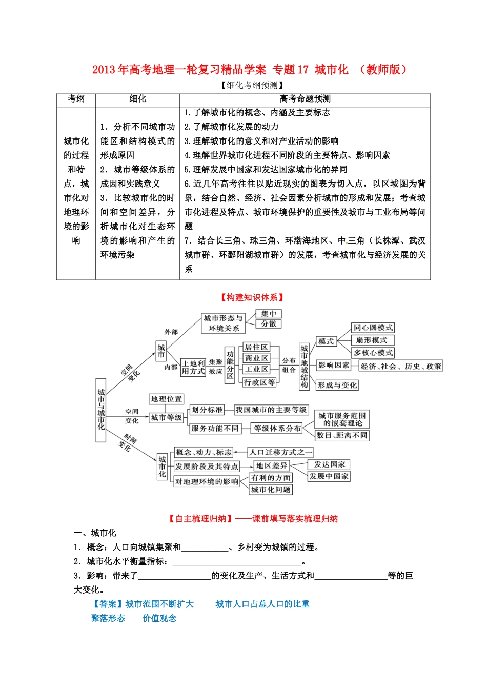 2013年高考地理一轮复习精品学案 专题17 城市化 （教师版）_第1页