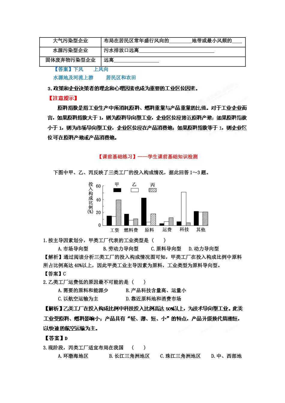2013年高考地理一轮复习精品学案 专题20 工业的区位因素与区位选择 （教师版）_第3页