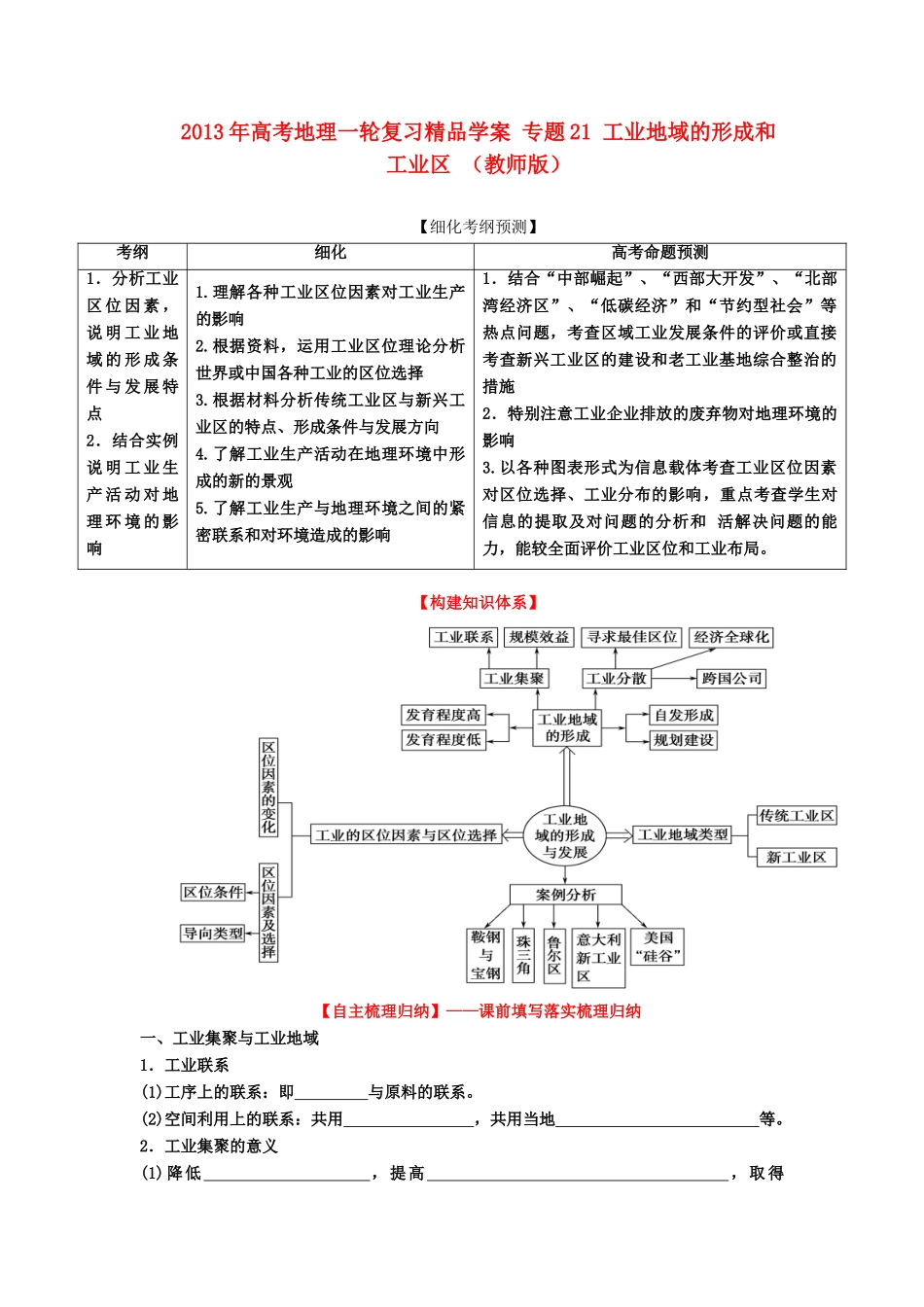 2013年高考地理一轮复习精品学案 专题21 工业地域的形成和工业区 （教师版）_第1页