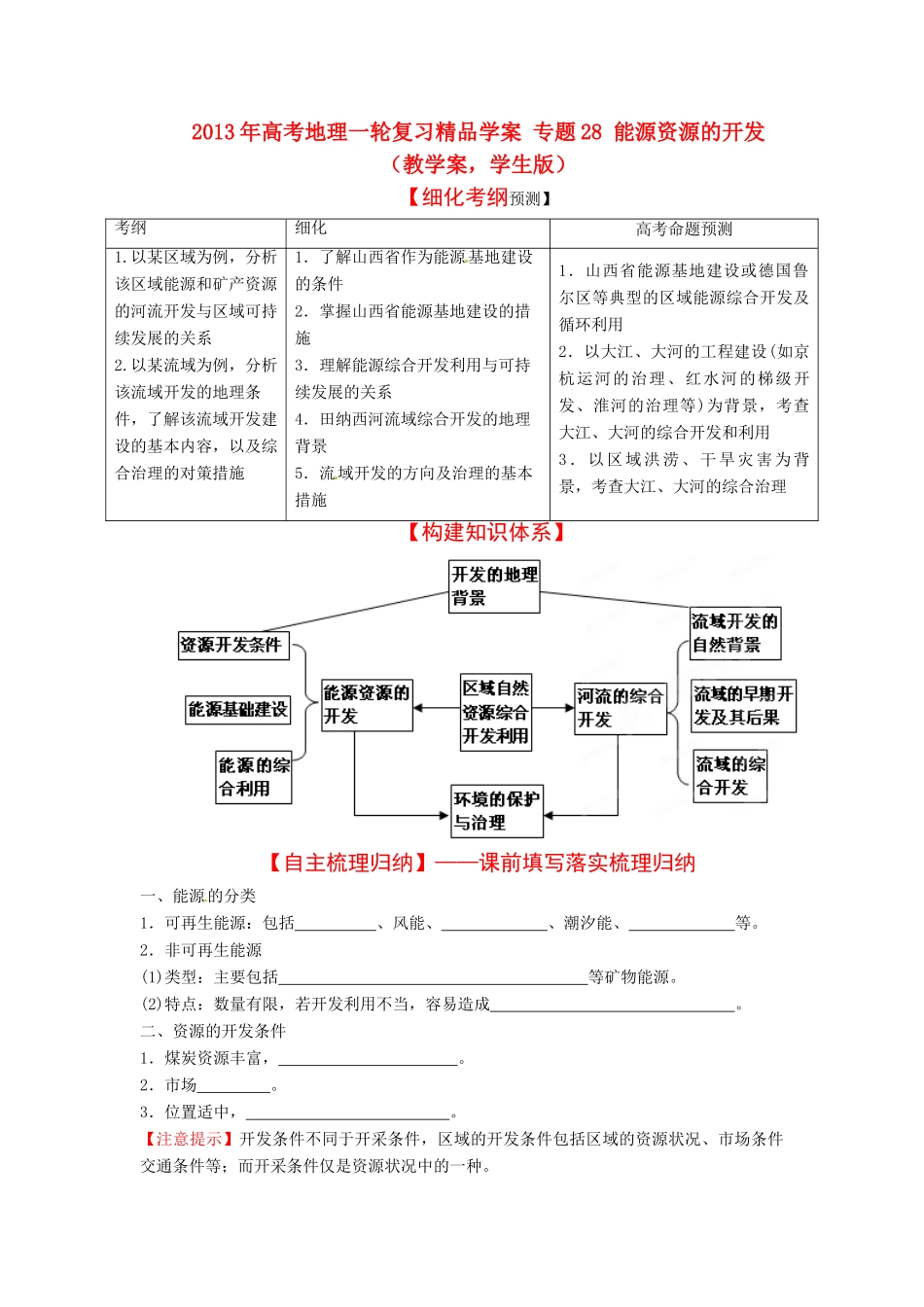 2013年高考地理一轮复习精品学案 专题28 能源资源的开发教学案（学生版）_第1页