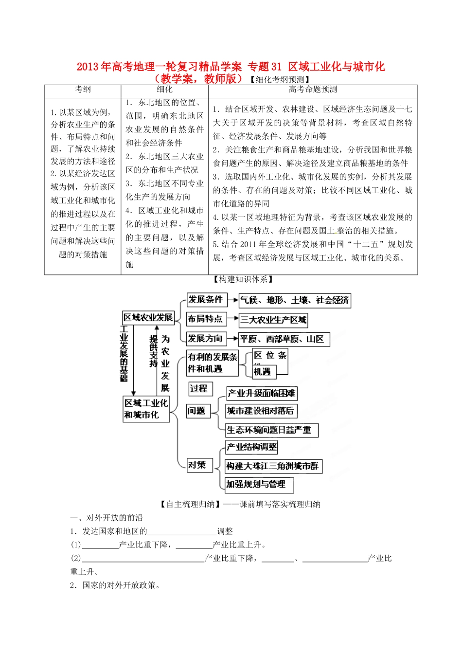 2013年高考地理一轮复习精品学案 专题31 区域工业化与城市化教学案（教师版）_第1页