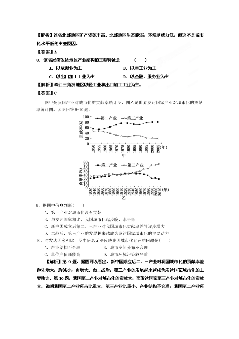 2013年高考地理一轮复习精品学案 专题31 区域工业化与城市化课后巩固测试（教师版）_第3页