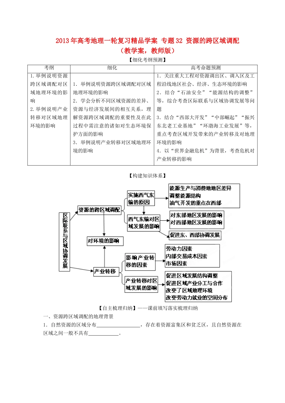 2013年高考地理一轮复习精品学案 专题32 资源的跨区域调配教学案（教师版）_第1页