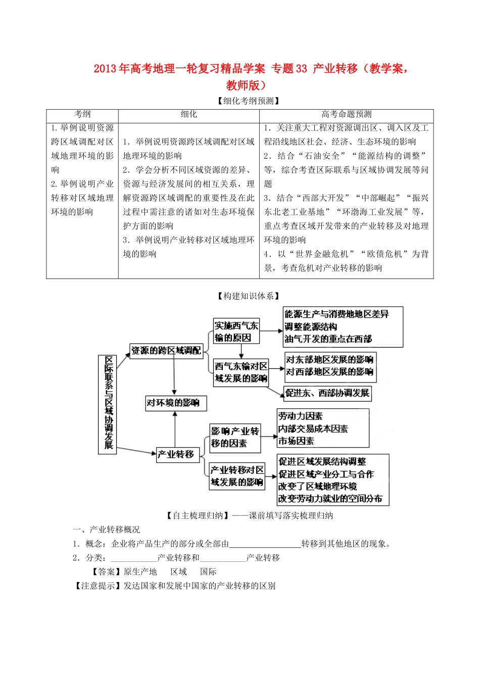 2013年高考地理一轮复习精品学案 专题33 产业转移教学案（教师版）_第1页
