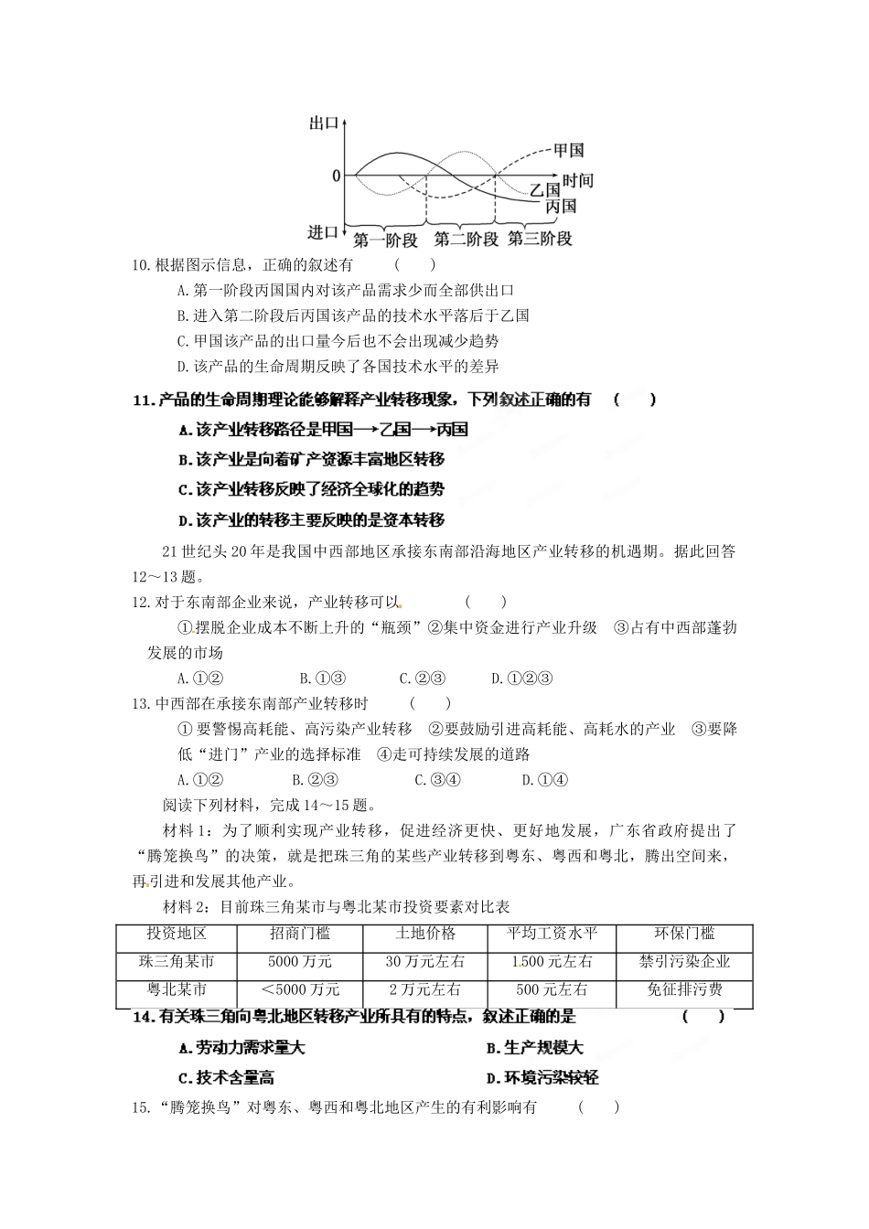2013年高考地理一轮复习精品学案 专题33 产业转移课后巩固测试（学生版）_第3页