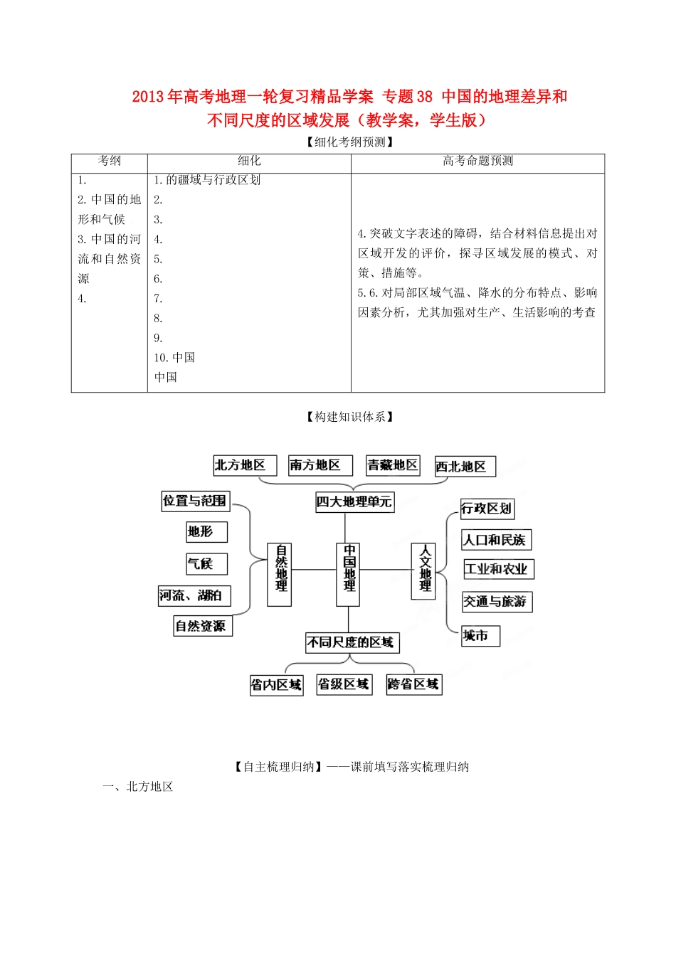 2013年高考地理一轮复习精品学案 专题38 中国的地理差异和不同尺度的区域发展教学案（学生版）_第1页