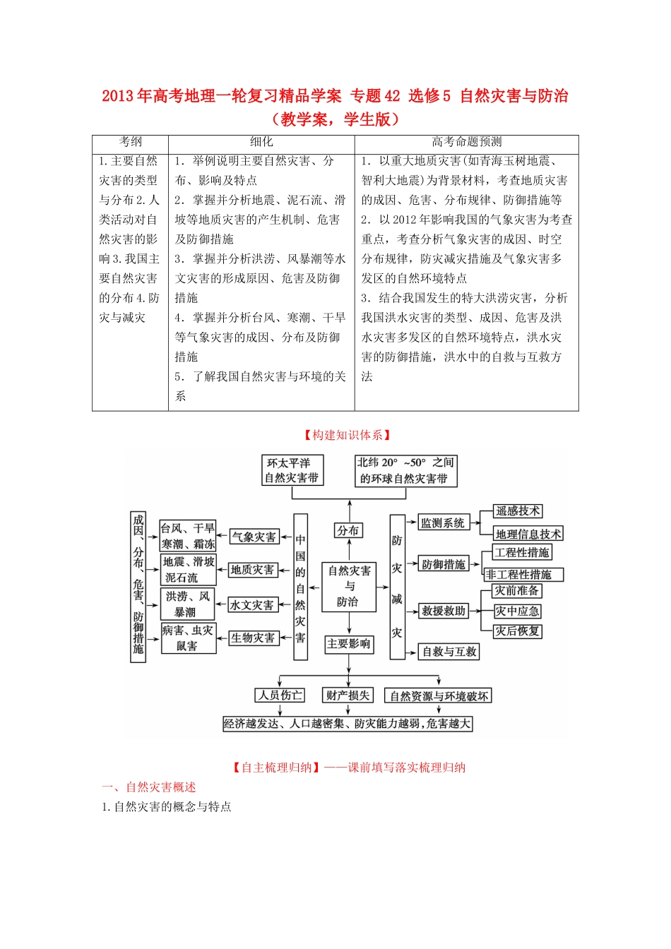 2013年高考地理一轮复习精品学案 专题42 选修5 自然灾害与防治教学案（学生版）_第1页