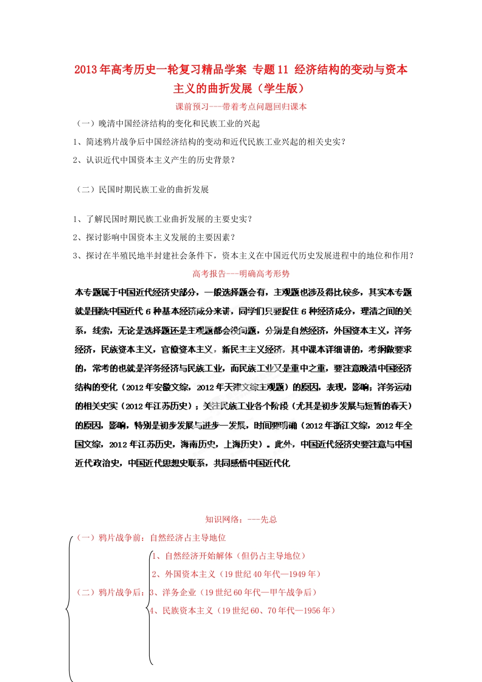 2013年高考历史一轮复习精品学案 专题11 经济结构的变动与资本主义的曲折发展（学生版）_第1页