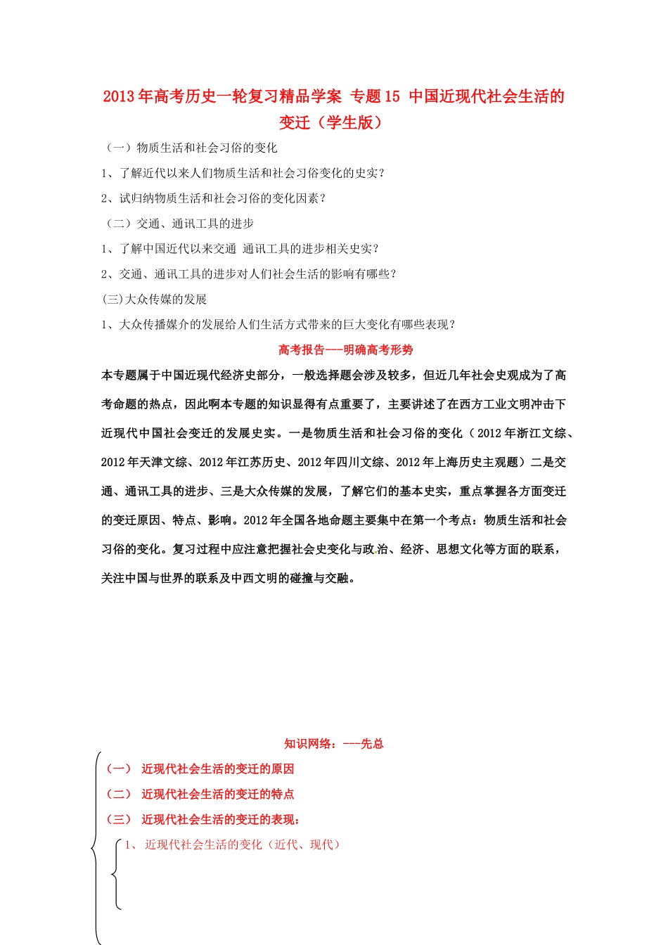 2013年高考历史一轮复习精品学案 专题15 中国近现代社会生活的变迁（学生版）_第1页