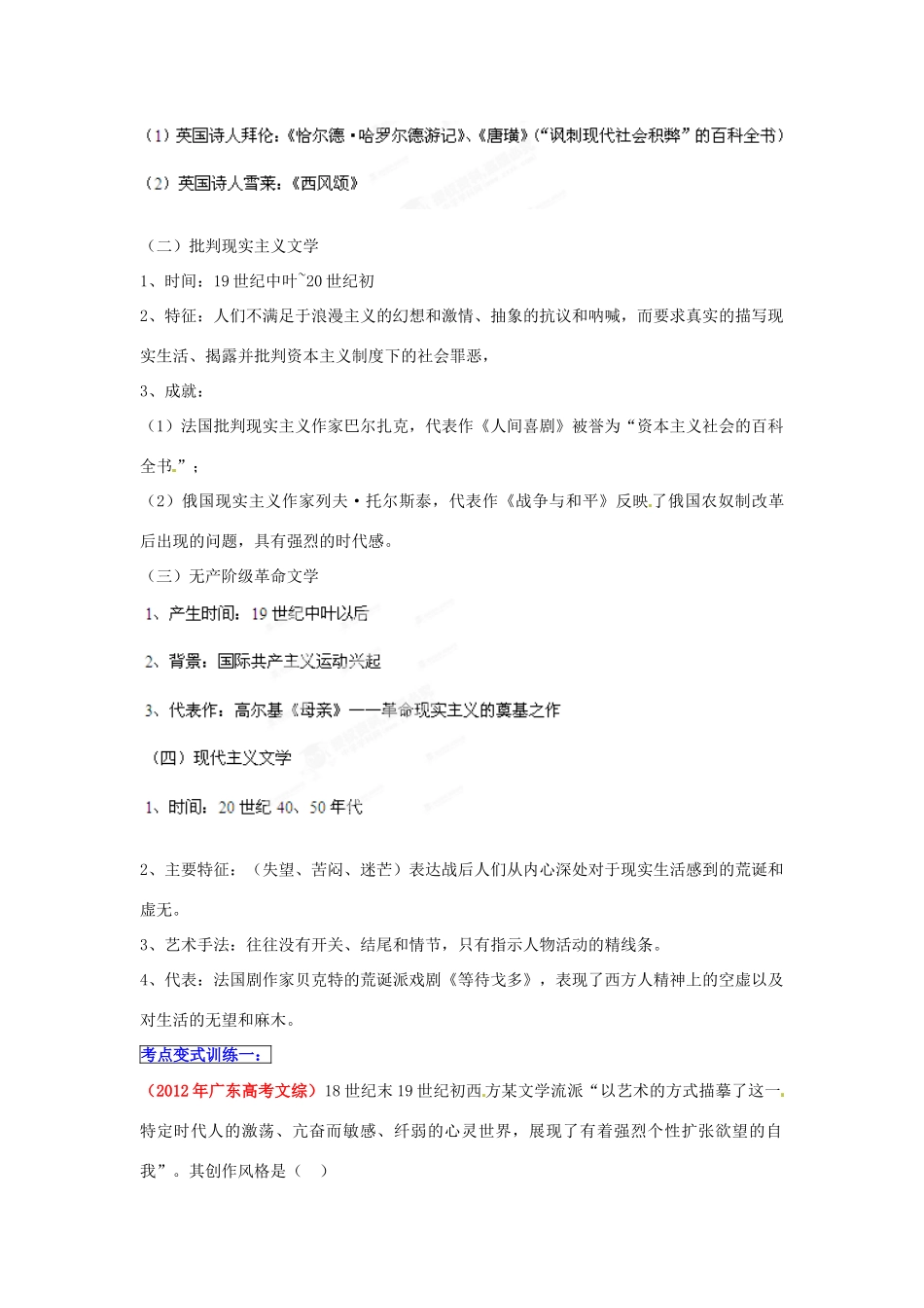 2013年高考历史一轮复习精品学案 专题22 19世纪以来的世界文学艺术（学生版）_第3页