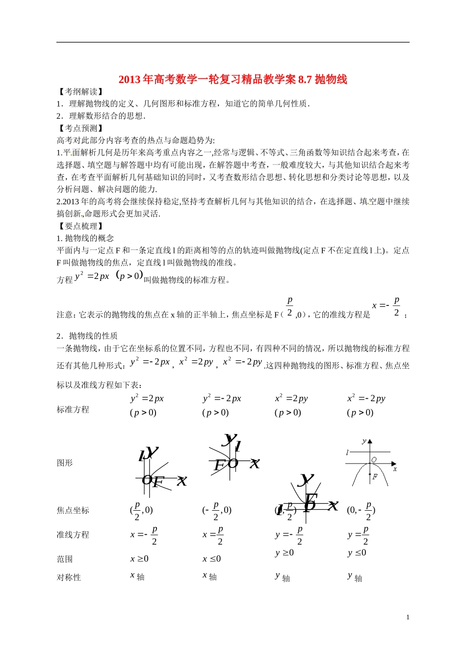 2013年高考数学一轮复习精品教学案8.7 抛物线（教师版） 新人教版_第1页