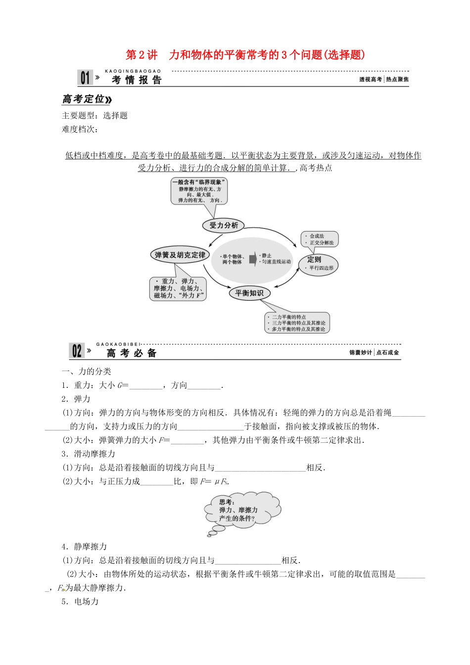 2013年高考物理二轮 压轴突破 专题1第2讲力和物体的平衡常考的3个问题(选择题)教案_第1页