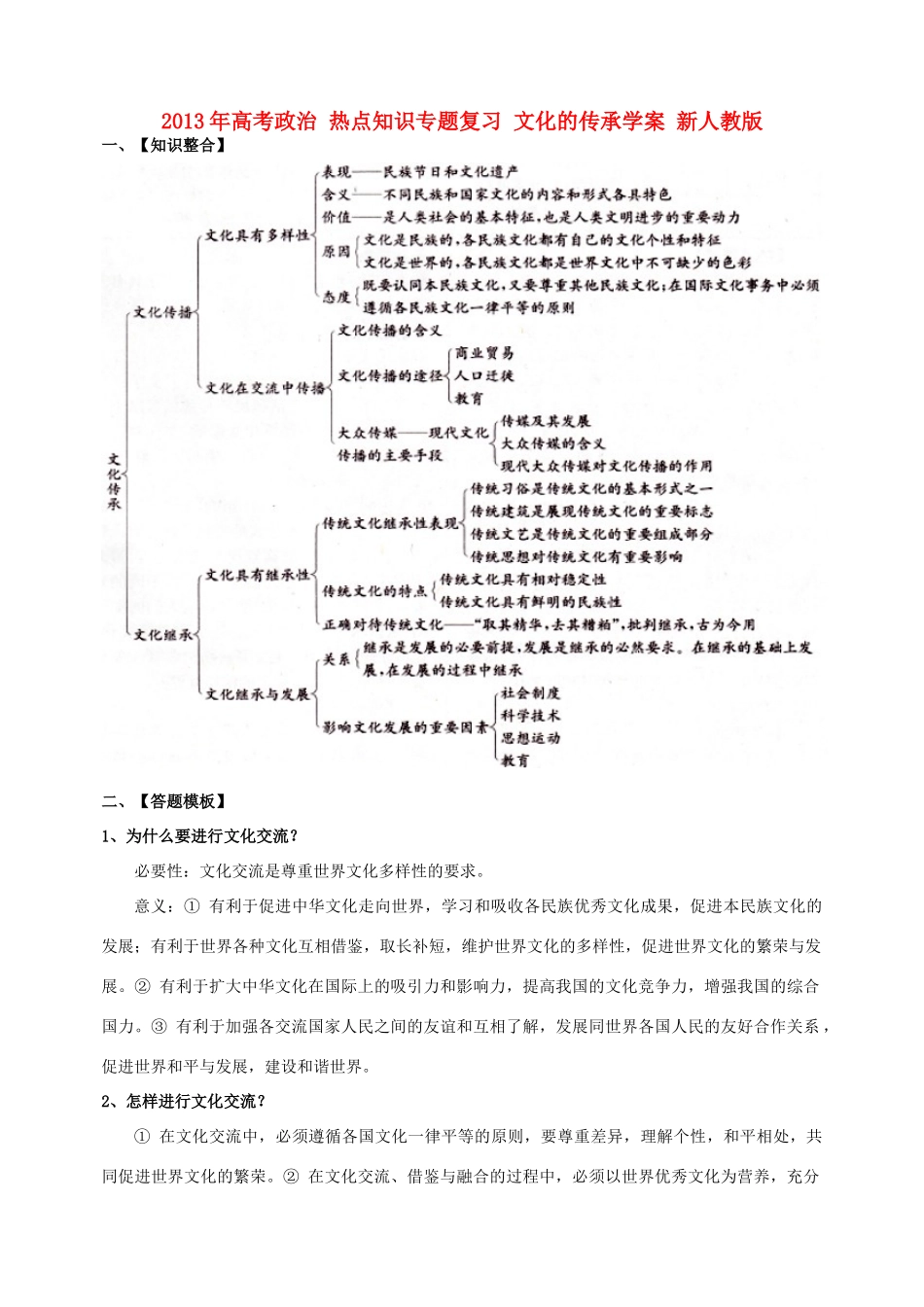 2013年高考政治 热点知识专题复习 文化的传承学案 新人教版_第1页