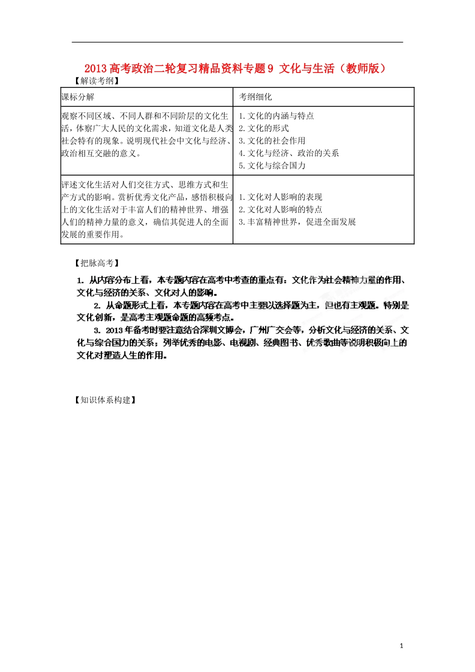 2013年高考政治二轮复习精品资料专题9 文化与生活（教师版）_第1页