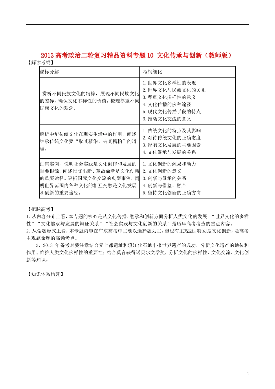2013年高考政治二轮复习精品资料专题10 文化传承与创新（教师版）_第1页